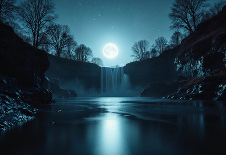 Soft moonlight illuminates the tranquil waterfall, cascading gently into a serene lake surrounded by dark trees and a starry night sky, creating a magical atmosphere.の素材