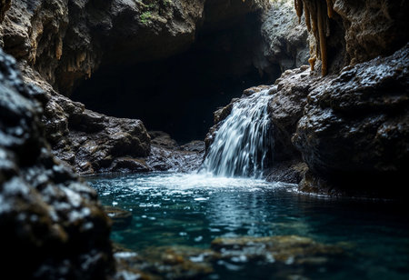 A tranquil waterfall pours into a crystal-clear pool nestled among rugged stone walls in a dimly lit cave, creating a magical atmosphere of nature's beauty and serenity.の素材
