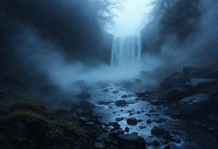Water tumbles gracefully down a rocky ledge, surrounded by a mystical fog that hugs the landscape. Soft twilight casts an enchanting glow, enhancing the serene atmosphere.の素材