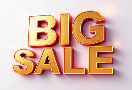 Bold golden characters proclaim a significant sale, shimmering against a soft background. The excitement of shopping is captured in this eye-catching promotional design.の素材