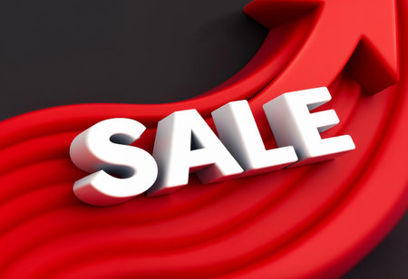 A bold white text reading sale stands out against a vibrant red arrow. This eye-catching display captures the excitement of a retail promotion, inviting customers to explore deals.の素材