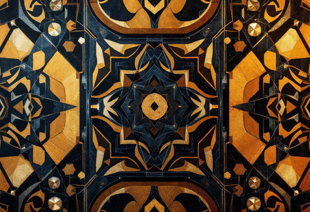Delicate geometric designs in rich black and golden hues create a captivating tapestry on the palace floor, showcasing artistry that echoes a time of grandeur and elegance.の素材