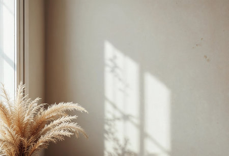 Delicate shadows dance across a beige wall, created by golden sunlight filtering through a window. A soft, dry plant rests peacefully in the foreground, adding warmth to the tranquil atmosphere.の素材