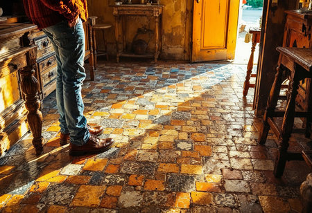 Warm sunlight pours through an open door, illuminating a quaint room with a vibrant tiled floor. A person stands thoughtfully, surrounded by rustic furniture and charming decor.の素材