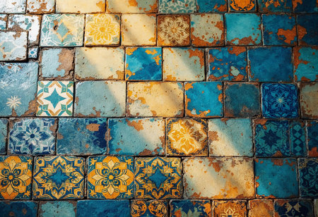 Intricate tiles in shades of blue and yellow reflect the passage of time, showcasing their unique patterns. Sunlight gently illuminates the rich textures, evoking a sense of nostalgia and beauty.の素材