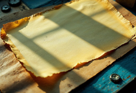 Golden sunlight streams through a window, creating intricate shadows on the textured, aged parchment. The delicate edges reveal a world of stories waiting to be uncovered.の素材