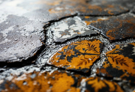 Water droplets shimmer on the weathered mosaic floor, revealing intricate patterns of yellow and black. The warm colors contrast with the damp surface, creating a captivating visual story.の素材