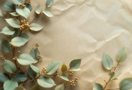 Soft green leaves and small berries create an elegant border around crumpled beige paper. The composition brings a natural charm and tranquility, inviting creativity and inspiration.の素材
