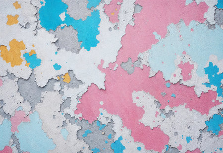 Vibrant patches of pink, blue, and yellow paint are peeling from a weathered surface, creating an intriguing mix of colors and textures that tell a story of time and urban life.の素材