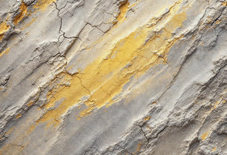 An abstract composition reveals a rough surface adorned with vibrant yellow streaks against a backdrop of muted gray. Intricate cracks add depth and character to the artwork.の素材