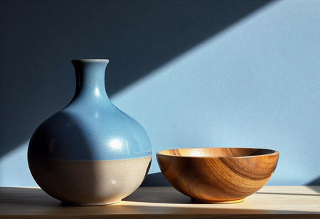 Sunlight casts beautiful shadows over a smooth wooden table where a blue vase and a polished wooden bowl rest. The interplay of light accentuates their unique textures and forms.の素材