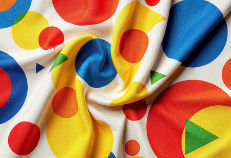 A detailed view of a soft fabric showcasing a vibrant mix of red, yellow, blue, and green circles and triangles.の素材