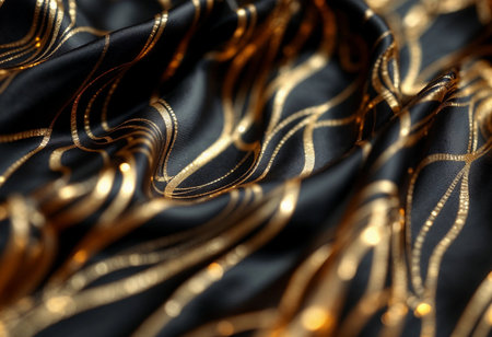 Luxurious black fabric showcases elegant golden patterns swirling smoothly across its surface, creating a stunning visual depth. The fabric's rich texture adds sophistication and allure.の素材