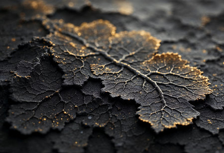 Delicate leaves spread across the textured ground, showcasing an intricate design adorned with golden highlights. Nature's artistry emerges in a tranquil, enchanting setting.の素材