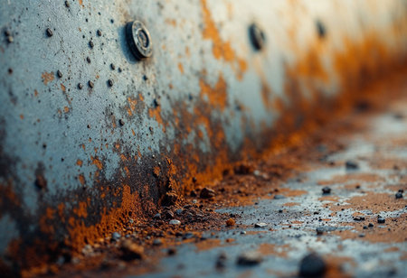 Close-up view of a weathered metal surface adorned with rust and earthy tones. The interplay of colors depicts the effects of time, revealing beauty in decay, set against a blurred background.の素材