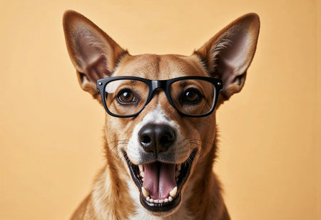 A cheerful dog beams with joy while wearing stylish glasses. Its playful expression and the vibrant orange background create a fun and lively atmosphere that delights the viewer.の素材