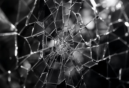 Shattered glass forms a delicate web that glimmers in the low light, creating an artful contrast between the jagged edges and soft illumination surrounding it.の素材