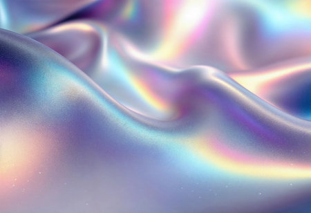 A mesmerizing fabric showcases vibrant hues of blue, purple, and pink as it flows elegantly. Its smooth surface catches soft light, creating a captivating, reflective display of colors.の素材