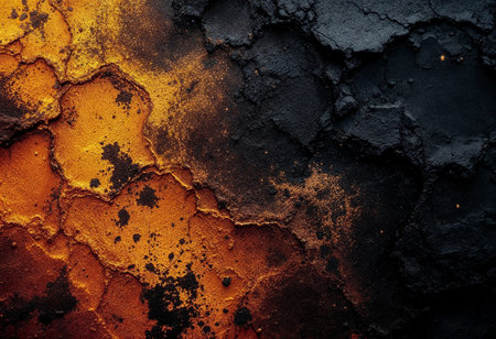 Swirling textures showcase the raw power of volcanic rock, blending deep blacks and fiery oranges. This natural canvas reflects the Earth's dynamic processes and vibrant colors in an artistic display.の素材