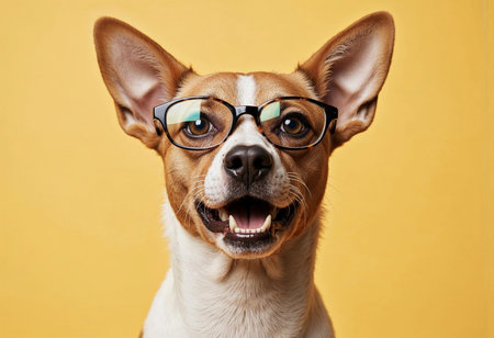 A joyful dog wearing stylish glasses smiles warmly against a vivid yellow background. Its playful expression radiates charm and personality, making it irresistibly adorable.の素材