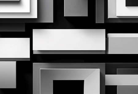 In a captivating composition, multiple rectangular shapes in various shades of white and gray are layered to create an intriguing interplay of light and shadow on a dark backdrop.の素材