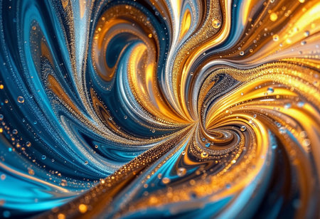 A captivating swirl of vibrant blue and golden hues merges fluidly, resembling a cosmic whirlpool. Tiny shimmering droplets enhance the stunning visual experience, invoking feelings of wonder.の素材