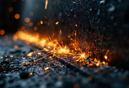 Welders create a dazzling display of sparks as they work late into the night, illuminating the dark surroundings with fiery bursts and a sense of creativity and craftsmanship.の素材