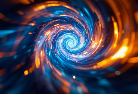 A mesmerizing whirlpool of blue and orange hues spirals through the cosmos, evoking a feeling of motion and energy. Bright streaks of light create a captivating visual experience.の素材