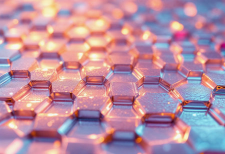 Intricate hexagonal shapes elegantly shimmer under soft lighting, creating a mesmerizing blend of vibrant hues. The arrangement invites a deep exploration of color and form.の素材