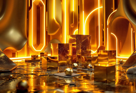 In a mesmerizing display, golden cubes and geometric shapes reflect gentle illumination, creating an enchanting atmosphere. The interplay of light and shadow enhances the luxurious ambiance.の素材