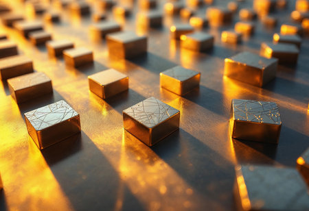 Golden cubes scatter across a textured surface, catching the warm glow of sunlight.の素材