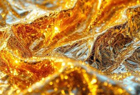 Radiant folds of shimmering gold material create a captivating interplay of light and texture, exuding luxury and richness in a warm, inviting atmosphere that enchants the senses.の素材