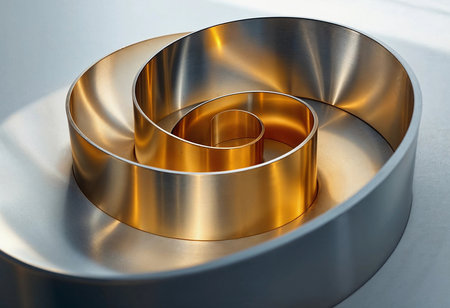 A stunning metallic spiral design captivates with its intertwining gold and silver surfaces, reflecting light beautifully. The artwork symbolizes harmony and innovation in contemporary craftsmanship.の素材