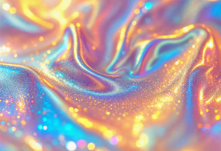 A mesmerizing display of shimmering, iridescent fabric unfolds under the warm light of dusk. Vibrant hues of blue, orange, and gold swirl gracefully, creating a dreamy and enchanting atmosphere.の素材