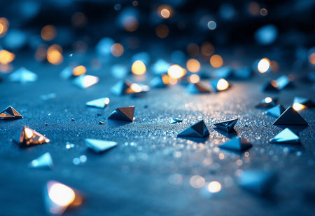 Shimmering metal pyramids dot a calm, dark surface. Their reflective surfaces catch soft glimmers of light, creating an enchanting display of textures and shapes, evoking a sense of wonder.の素材