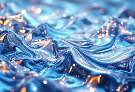 Rippling waves of deep blue fabric create a mesmerizing visual, illuminated by gentle light. The folds sparkle, evoking a serene ambiance that captivates the imagination.の素材