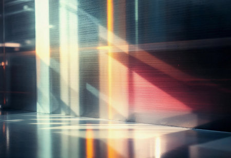 Sunlight streams through glass windows, casting vibrant reflections on the metallic surface below. Colors intertwine, creating a harmonious display in this tranquil setting.の素材