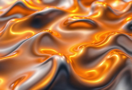 Liquid-like metal undulates with vibrant orange and silver tones, evoking the sensation of warmth and energy. The mesmerizing patterns resemble natural waves flowing gently.の素材