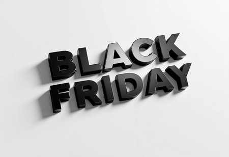 Large, glossy black letters create a striking visual representation of a popular shopping event, emphasizing the thrill of discounts and deals. The minimalist background enhances the bold message.の素材