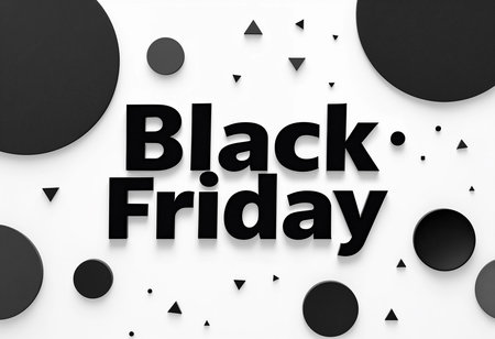 Bold black friday lettering stands out against a white backdrop, surrounded by playful geometric shapes in various sizes. Perfect for capturing attention during holiday sales.の素材