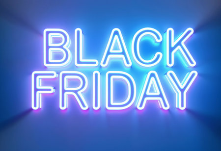 Neon signs glow with Black Friday, inviting shoppers to join in festive retail fun and take advantage of holiday discounts.の素材