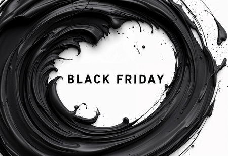 Black paint swirls elegantly against a white backdrop, highlighting the phrase representing a major shopping event. The dynamic flow evokes a sense of urgency and style.の素材