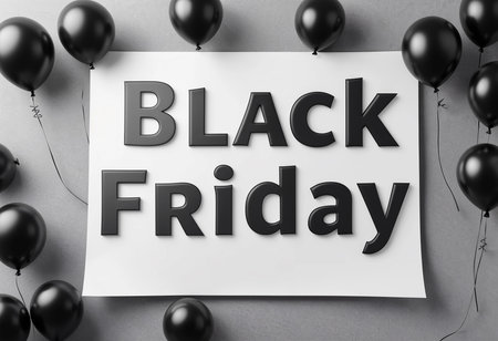 Black Friday preparations are in full swing with large black letters displayed on paper, surrounded by black balloons, creating an atmosphere of excitement and anticipation for shoppers.の素材
