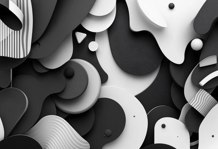 Curves and contours collide in a dynamic arrangement of black and white shapes.の素材