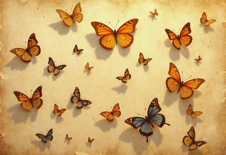 A multitude of butterflies flutters gracefully, showcasing their stunning colors and patterns. The warm background enhances their beauty, creating a serene and enchanting atmosphere.の素材