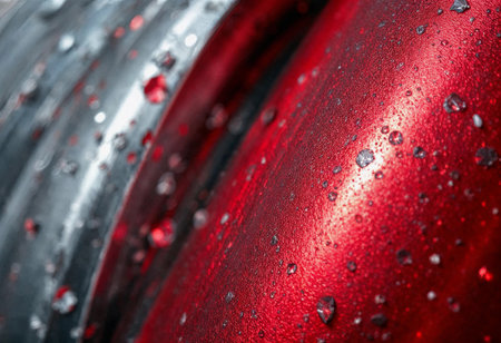 Raindrops cling to a smooth, red surface, glistening under soft light. The contrast with dark tones adds depth, showcasing natureの素材