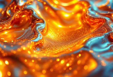 Rich liquid colors swirl elegantly, showcasing a mesmerizing blend of deep orange and bright blue. Light dances across the surface, creating a captivating display of textures and hues.の素材