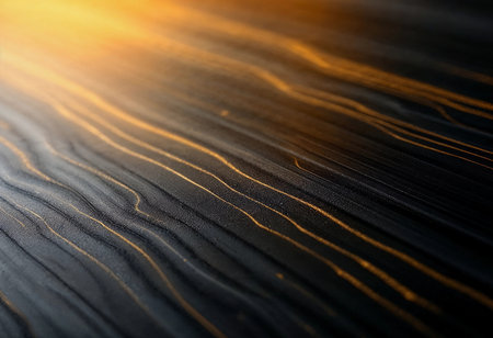 Golden lines dance across a dark surface as gentle light creates a mesmerizing pattern. The interplay of shadow and light captures an abstract beauty that evokes calm and intrigue.の素材