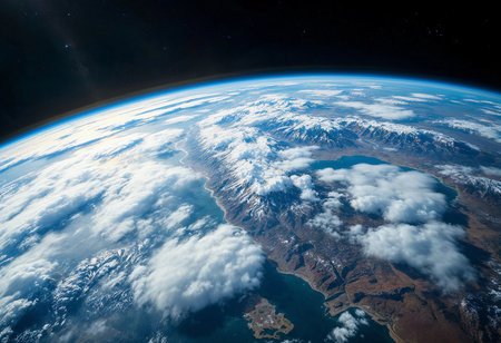 Witness the majesty of Earth from space, showcasing snow-capped mountains and vast blue oceans under a blanket of fluffy clouds, revealing the planet's stunning natural diversity.の素材