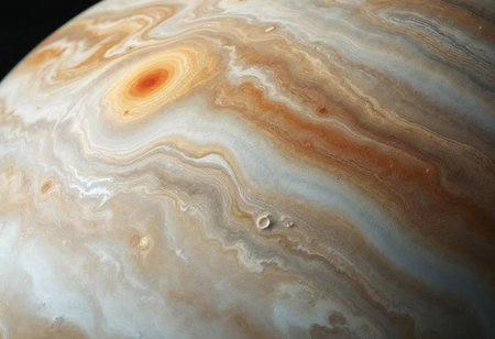 Vibrant colors dance across the surface of Jupiter, with its iconic Great Red Spot dominating the swirling cloud patterns. This celestial giant showcases the beauty of our solar system.の素材